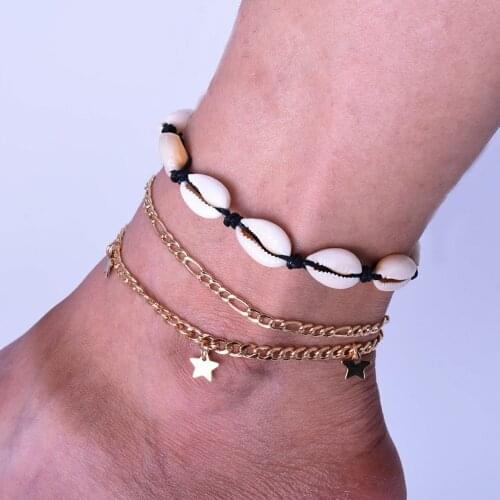 Beach Rope Shell Star Tassel Pendant Anklets Women Wave Surfer Multilayered Anklets Set Bracelet Foot Jewelry Bohemian Anklets