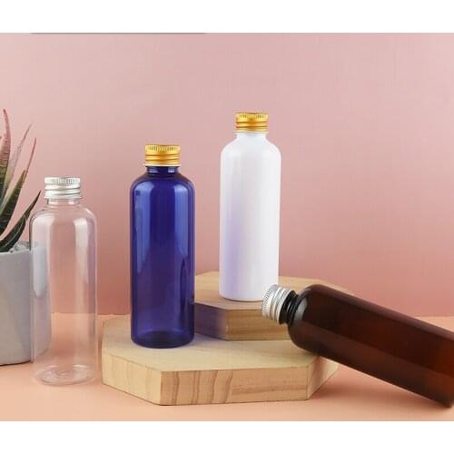 60pcs 100ml Empty Clear White Blue Brown Plastic Bottles Refillable Travel Bottles With Aluminum screw Cap For Shampoo Toner