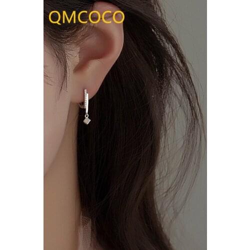QMCOCO 925 Silver Simple Fashion Geometric Charm Zircon Square Pendant Earring For Women Party Jewelry Summer Ear Accessories