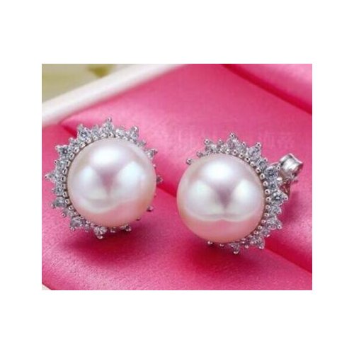 Free shipping Noble jewelry charming pair of 10-11mm south sea white pearl stud earring 925silver