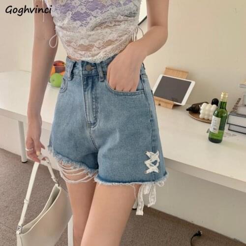 Lace Sweet Denim High Waist Shorts Women Korean Style A-line Bandage Ripped Solid Simple Kawaii All-match Summer Vintage Fashion