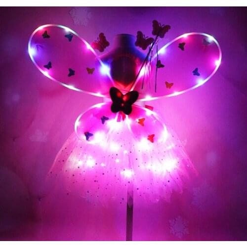 Girl LED Butterfly Wings Set withTutu Skirt Fairy Wand Headband Fairy Princess Light Up Party Carnival Costume 2-8T