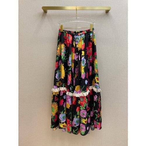 Vintage Fashion 2021SS New Women Flower Prints Midi Casual Long Skirt For Female Tclai 6.03