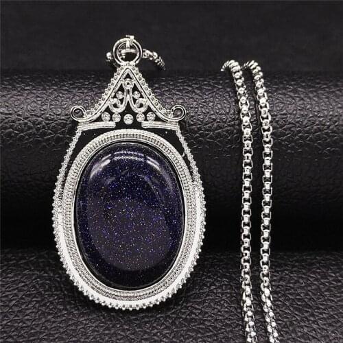 2021 Blue Sandstone Stainless Steel Chain Necklaces for Women Silver Color Oval Necklace Chain Jewelry collier femme NXS04