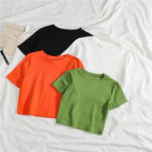 Women Tshirt short solid Short sleeved high waist clothes Vintage Sexy Crop Tops Y2k Casual Cotton Pullover Tees Summer harajuku