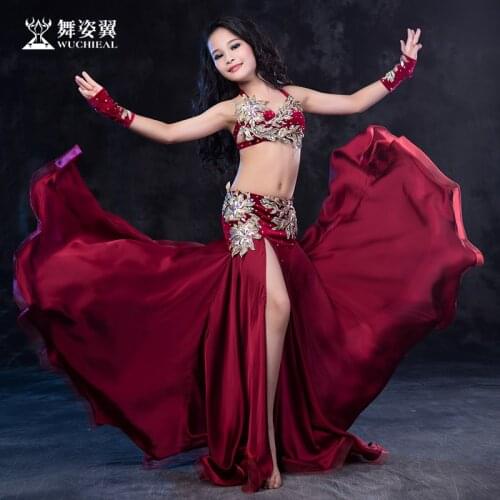 Newest Arrival high grade kid girls Bellydance performance Costume Wuchieal Belly Dance Sexy top bra+skirt 2pcs suits RT160