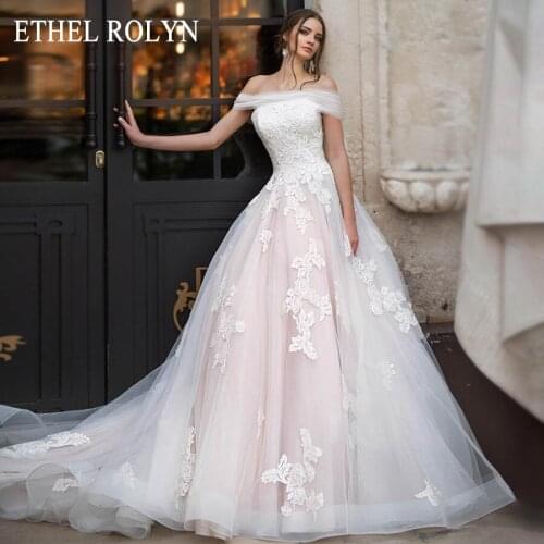 ETHEL ROLYN Pink A Line Wedding Dress 2021 Lace Up Appliques Strapless Bride Dress With Sleeves Vestido De Noiva Bridal Gowns