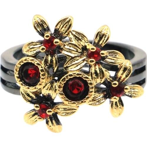 18x17mm Bohemia Design Flowers Created Red Blood Ruby Violet Tanzanite For Girls Daily Wear Black Gold Silver Rings