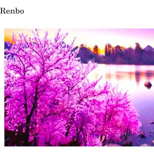 5D Diamond Painting Cherry Blossoms Diamond Embroidery Lake Mountain Diy Cross Stitch Mosaic Wall Sticker Home Decoration Gift