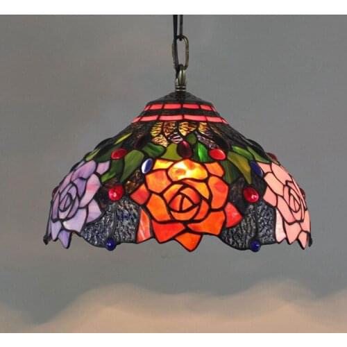 American Creative Tiffany Colored Glass Vintage Bar Restaurant Art Hanging Lamp 30cm Black Rose Lamp
