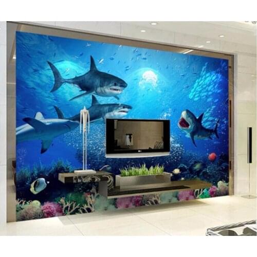Large Custom Wallpaper Mural 3D Aesthetic Underwater World Shark TV Wall papel de parede infantil