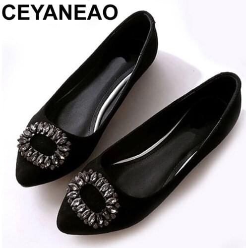 CEYANEAO 2018 Woman shoes flock Ballet flats Loafers rhinestone shallow mouth Slip on slides pointed toe Shoes big size E1159