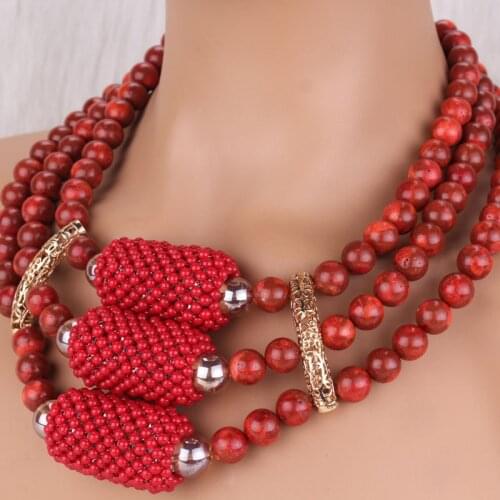 DUDO Original Red Grass Coral 14mm Round Beads Jewelry Set 3 Layers Big Balls Necklace Set For African Bride 2020 New