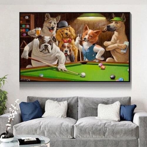 Cartoon Animal Dog Playing Billiard Canvas Paintings Posters and Prints Wall Art Picture for Living Room Wall Decoration Cuadros