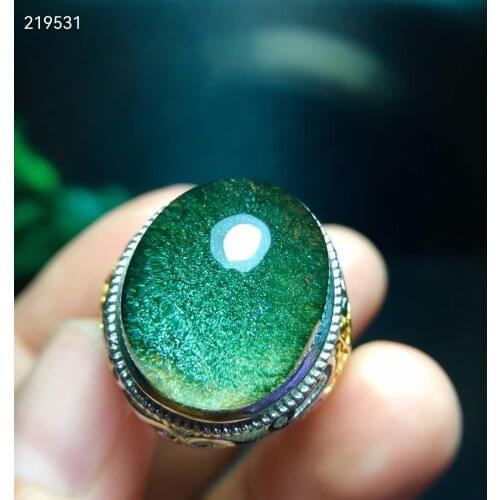 Genuine Natural Green Phantom Quartz Crystal Adjustable Ring 925 Silver Oval Rare 18.3/12.3mm Gift Jewelry AAAAA