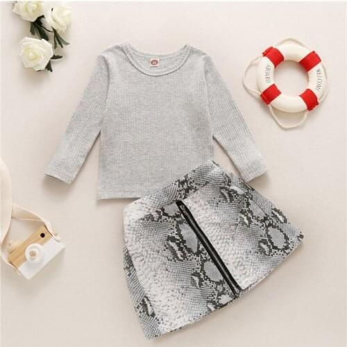 2 Piece Set For Baby Girls Fall Clothes Long Sleeve Crew Neck Knit Tops + Snakeskin Zipper Print Skirt Casual Outfits 1-5T