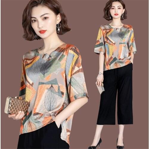 Summer Plus Size 4XL Two Piece Set Middle-aged Women Tracksuits Stripe Printed Fashion Short-sleeve 2 Piece Pants Suits