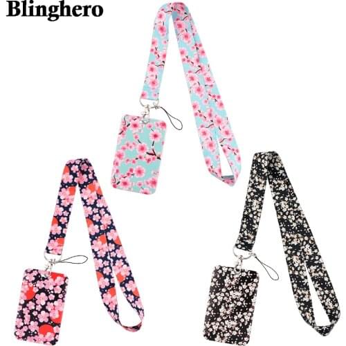 CB842 Beautiful Pink Cherry Blossom Lanyards ID Badge Card Holder Keychain Cell Phone Strap Gift Ribbon Necklace Decoration