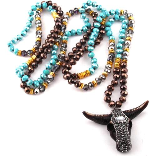 Fashion Bohemian Jewelry 150cm Long Knotted Metal Spacer Multi Crystal Horn Pendant Necklace For Women Ethnic Necklace
