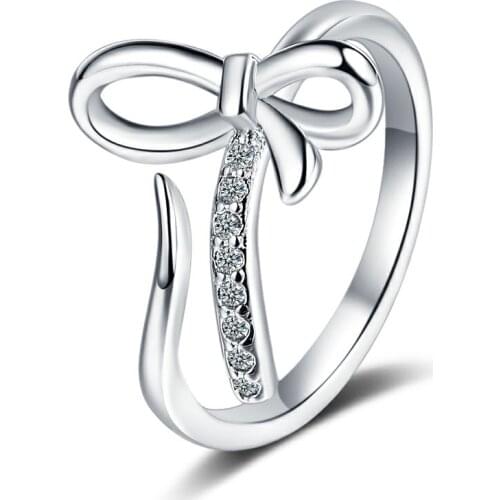 925 Sterling Silver Zircon Bowknot Charm Finger Ring For Women Girls Retro Opening Party Jewelry Accessories jz378
