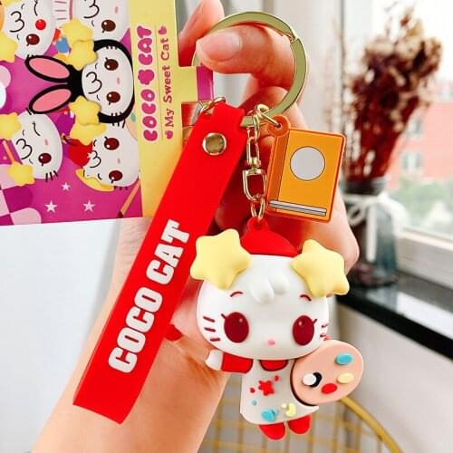 Cartoon Coco Cat Anime Magician Artist Keychain For Women Rubber Trinkle Key Ring Chains Car Bag Charm For Girl Boy Gift D828