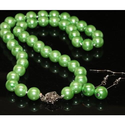 Round green 10mm imitation pearl shell beads necklace earrings for women free shipping high quality jewelry set 18inch B2349