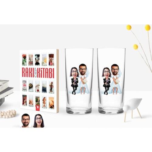 Personalized Colorful Printed Valentine Caricature Of Dual Arrack cup And Raki Mobile Book Gift Seti-16