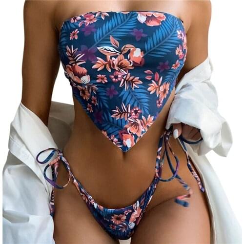 Sexy Womens Flower Printing Bikini Off-shoulder Square Collar Tops Briefs Swimsuit Classic Bare Midriff Two-pieces Set Biquini
