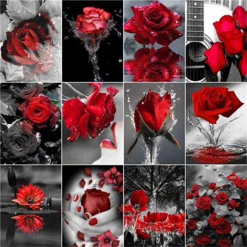 Full Drill Square Round Home Decor Diamond Painting Red Flower Black White Diamond Embroidery Rose Floral Mosaic Handmade Gift