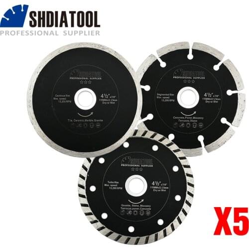 SHDIATOOL 5Sets Dia115mm/4.5" Sintered Diamond Saw Blade Continuous Rib+Segmented+Turbo Rim 3pcs/set Cutting Disc For Tile Stone