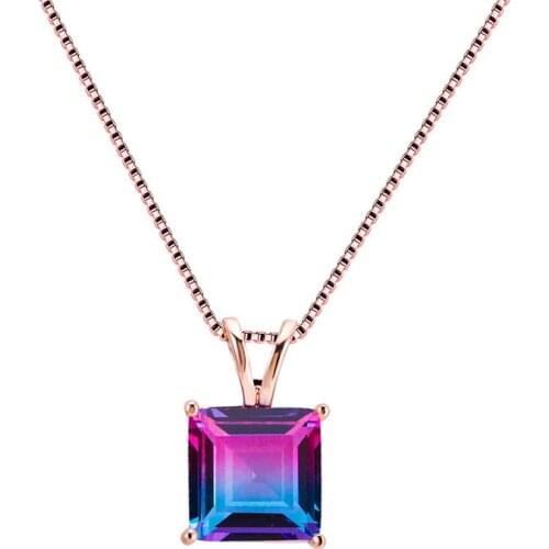 Blue Purple Gradient Zircon Square Pendant Rainbow Stone Necklaces For Women Vintage Fashion Jewelry Rose Gold Chain Necklace