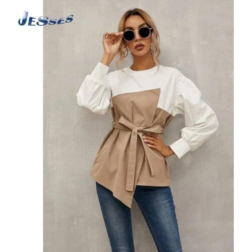 Ladies Stitching Bowknot Shirt Lantern Sleeve Round Neck Casual Female Spring/Summer Lace-up Waist Blouse Elegant Loose Tops XL