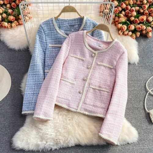 Korean Chic Women Tweed Jacket Coat 2021 Fashion Autumn O-Neck Long Sleeve Single Breasted Patchwork Checked Outerwear Coat