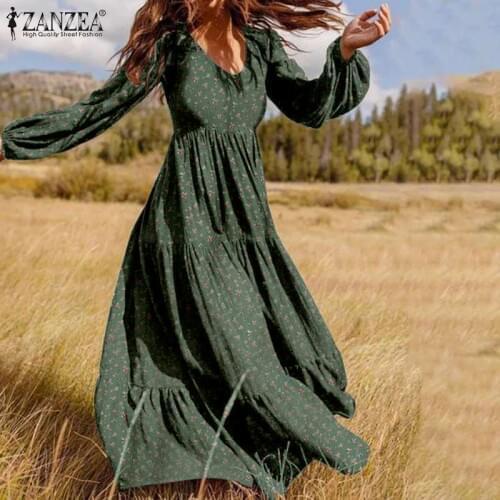 Womens Autumn Sundress ZANZEA 2021 Fashion Ruffle Maxi Dress Casual Puff Sleeve Tunic Vestidos Floral Print Robe