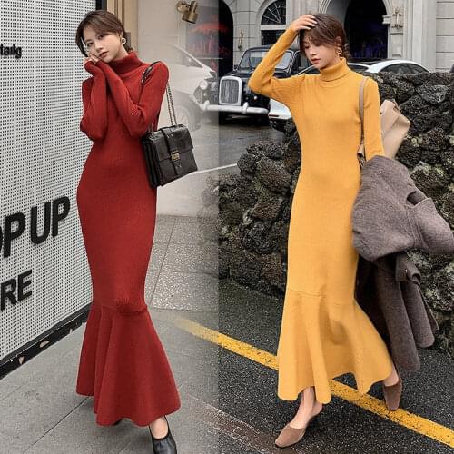 Women 2021 Autumn Winter New Solid Color Fishtail Dresses Female Long Knit Sweater Dress Ladies Turtleneck Slim Vestidos V473
