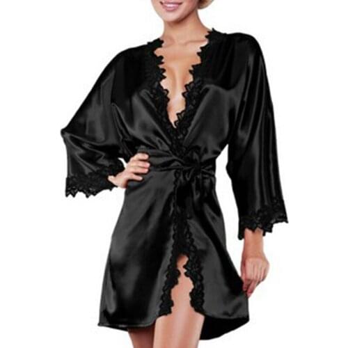 Womens Lace Trimmed Short Kimono Robe Nightwear Nightgown Sleepwear Sexy Silky