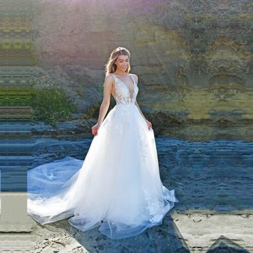 Sexy V Neck Tulle Wedding Dresses Appliques Lace Bridal Dress Backless Sleeveless vestido de novia princesa 2021 Floor Length