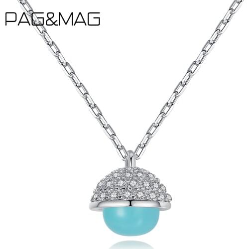 PAG&MAG 100% 925 Sterling Silver Cute Pendant Necklace For Women Candy Blue Mushroom Head Pendant Cubic Zircon Jewelry