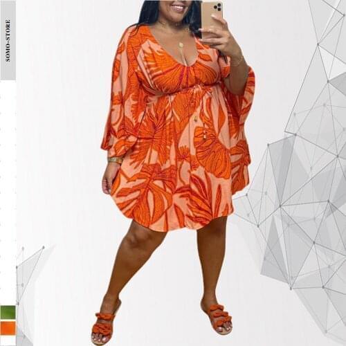 Plus Size Dress 5xl Fashion V Collar Long Sleeve Waistband Beach Casual Style Print Elegant Summer Dress Wholesale Dropshipping