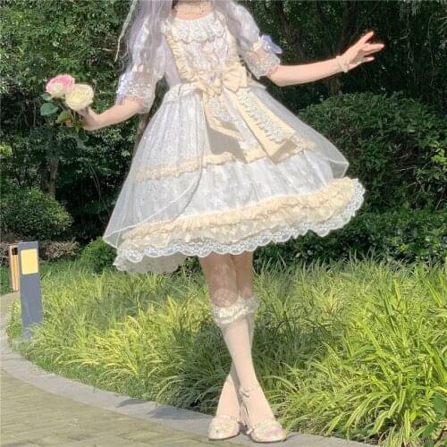 Lolita Op Summer Girl Sweet Short Sleeve Light Blue White Flower Lace Wedding Chiffon Dresses For Women Japanese Cosplay Anime
