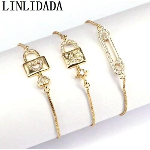 10Pcs, Gold Color Charm Fashion Cubic Zirconia CZ Lock /Pin Connector Bracelets, Gold Chain Bracelets
