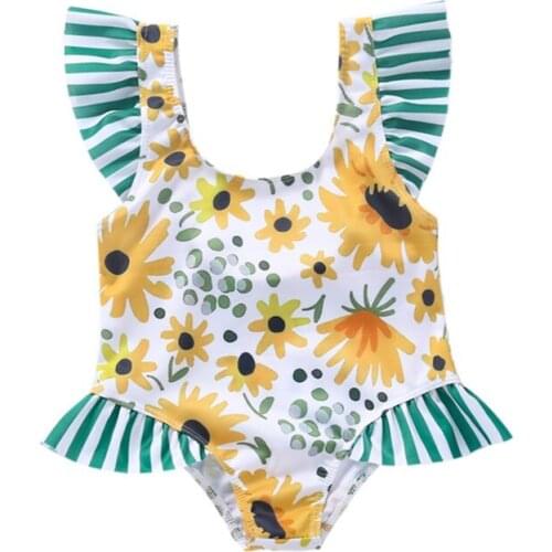 2021 Infant Ruffle Swimsuit Baby Girls Sunflower/Fish Scale Print Fly Sleeve U-shaped Neck Swimwear Kids Girl Beachwear Biquini