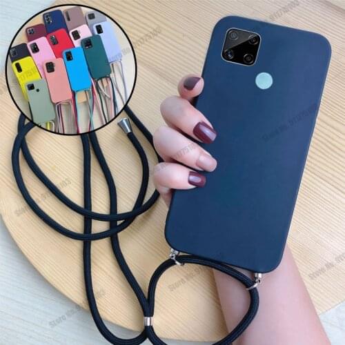 Soft TPU Protective Phone Case For Oppo Realme C25 Q 6 Pro 7i Global V13 V5 5S C3 5i Crossbody Lanyard Strap Rope Back Cover