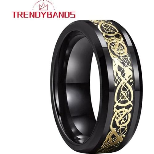 Black 8MM Gold Dragon Carbon Fiber Inlay Tungsten Wedding Bands For Men Women Beveled Edges Polished Comfort Fit
