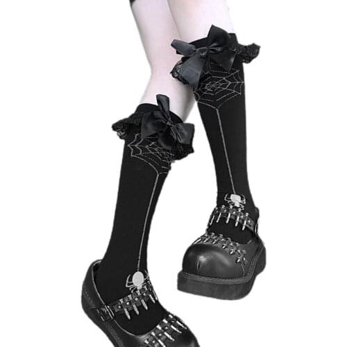 Gothic Halloween Spider Web Knee High Socks Lolita Ruffles Bowknot Stockings