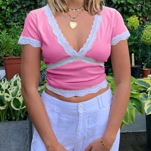 New Women’s Short Sleeve Crop Tops Patchwork Lace Decorations Deep V-neck Short Clothes Summer Sling Ladies Vest Tops T-shirt
