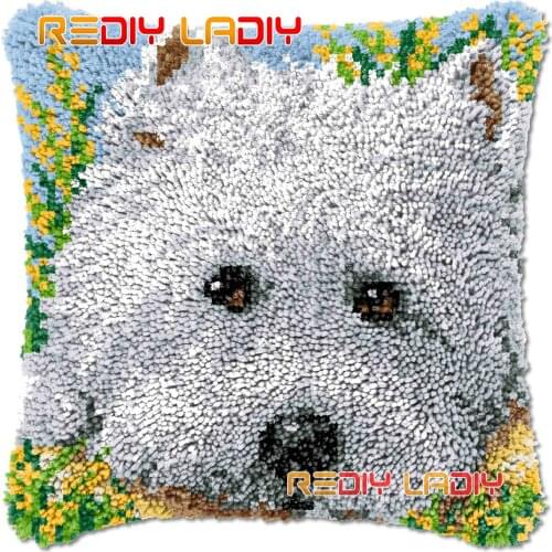 Latch Hook Cushion White Puppy DIY Needlepoint Kits Chunky Acrylic Yarn Arts Crocheting Lofty Pillow Case Hobby & Crafts