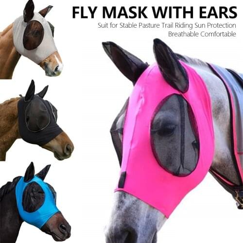 Horse Fly Mask With Ear Bob Eye Blue Pink Black Elastic 83-125cm Adjustable Anti-mosquito Nose Uv Mosquitoes Sun Protective