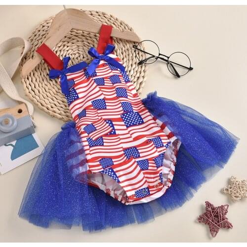 Sweet Summer Newborn Baby Girl’s Casual Bandage Halter Romper Fashion Flag Printed Gauze Stitching Triangle Jumpsuits Clothes