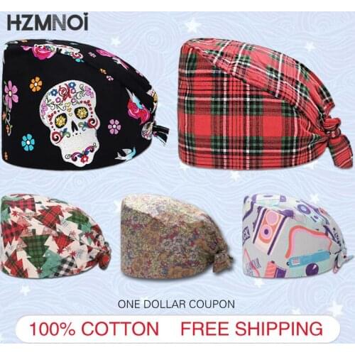 Trendy Printed Medical Cap Pure Cotton High Quality Clinical Medical Surgical Cap Dentist Scrub Cap Beauty Salon Nursing Cap